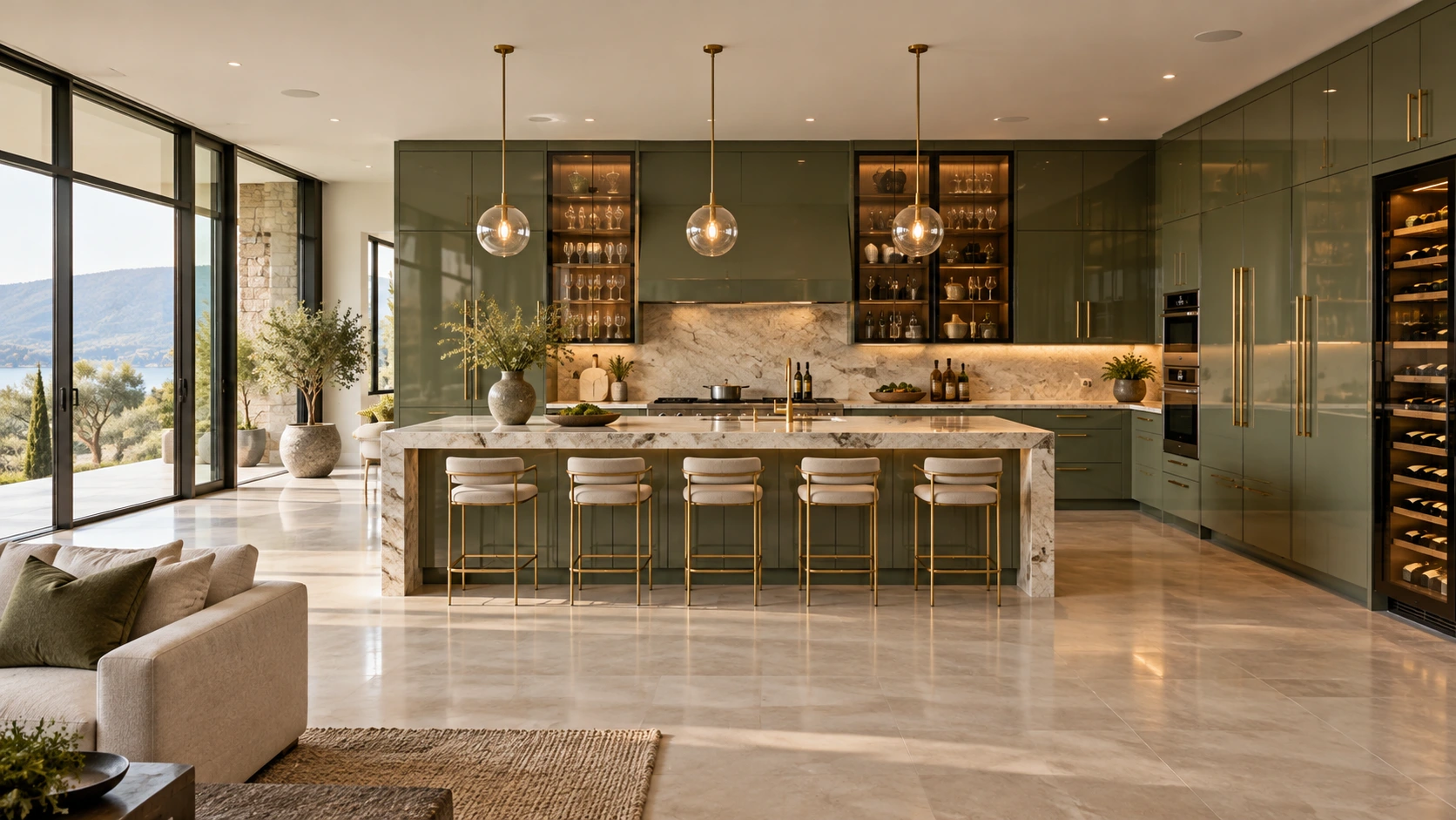 Visualización de cocina Olivo y cristal; vista panorámica del ambiente