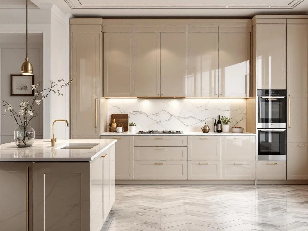 Cocina champagne en L con frentes enmarcados y herrajes dorados