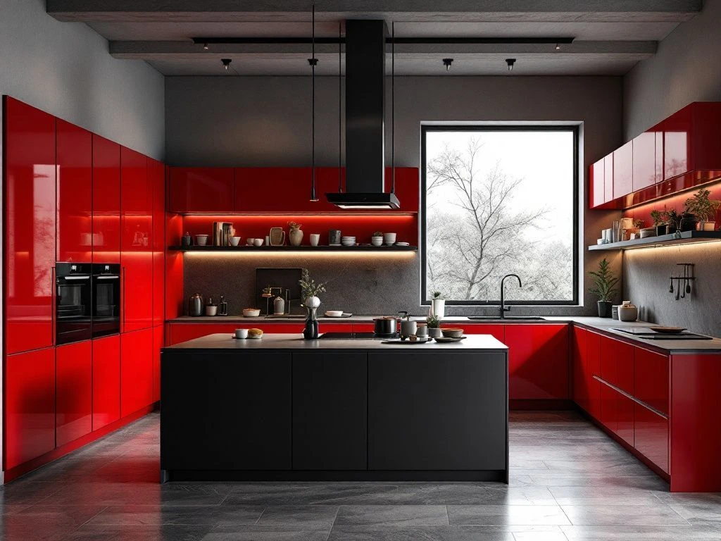 Cocina roja lacada con isla oscura y campana negra